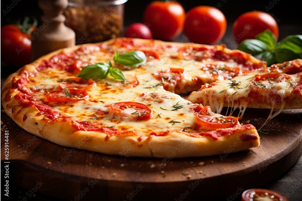 Pizza with mozzarella cheese on a dark wooden background
