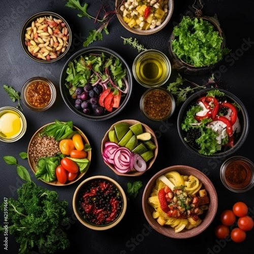 Healthy food selection on dark background. Top view with copy space