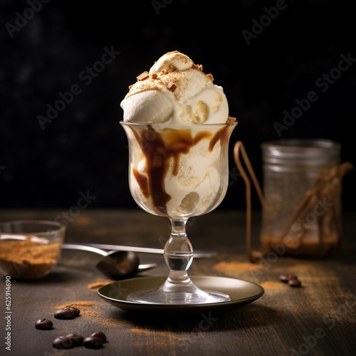 Vanilla ice cream with whipped cream and caramel in glass on dark background