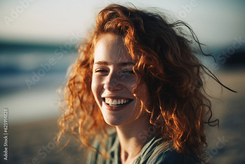 Portrait of cute teenager girl grinning with sun-kissed red hair on a serene beach