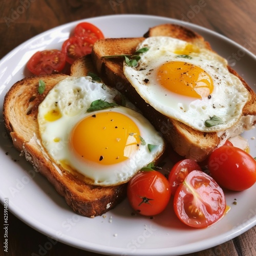 Fried eggs with cherry tomatoes and parsley on toasted bread
