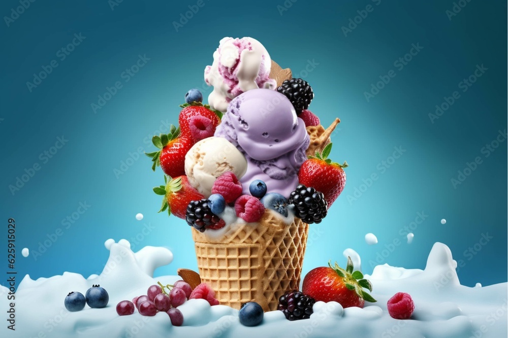Ice cream in waffle cone with fruits and berries on blue background Ice cream in waffle cone with fruits and berries on blue background