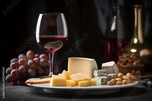 Glass of red wine with cheese, grapes and crackers on wooden board