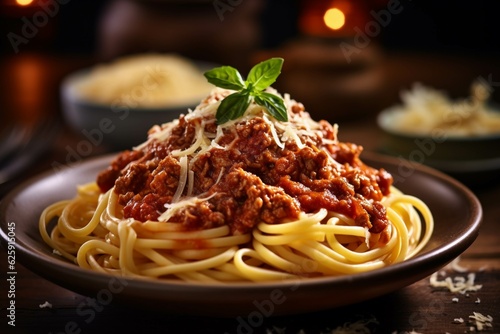 Spaghetti bolognese with tomato sauce and basil on black background