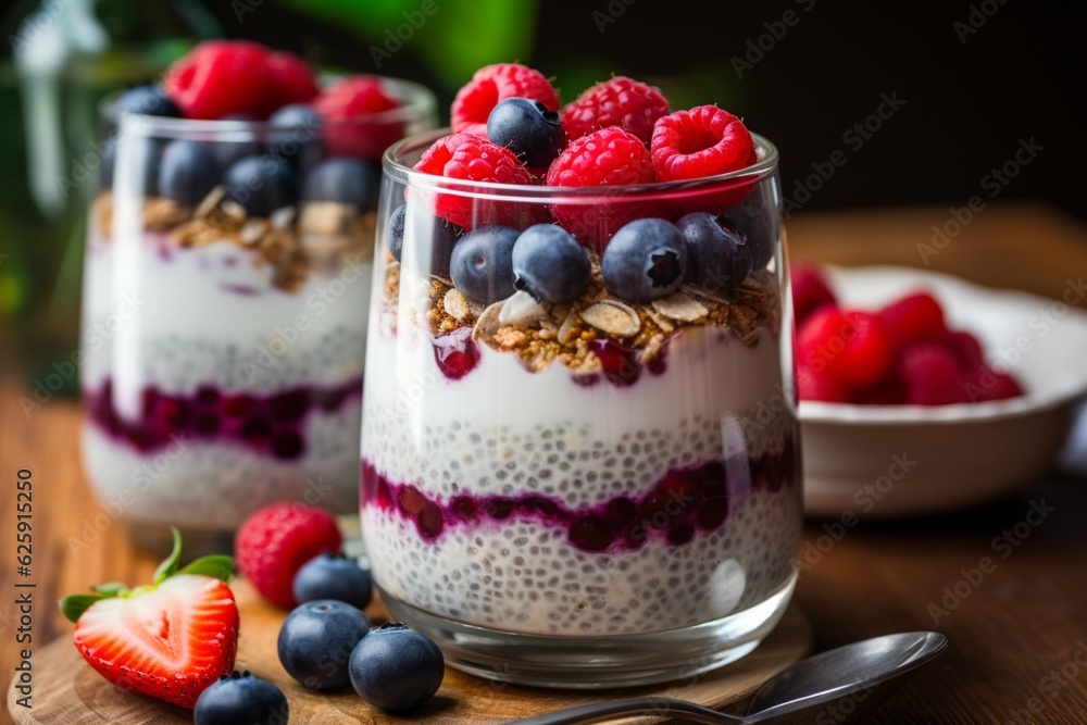 Chia seed pudding with fresh berries and granola, selective focus Chia seed pudding with fresh berries and granola, selective focus