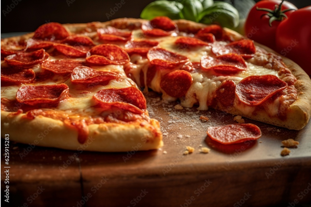 Pepperoni pizza with mozzarella cheese, tomatoes and basil on black background Pepperoni pizza with mozzarella cheese, tomatoes and basil on black background
