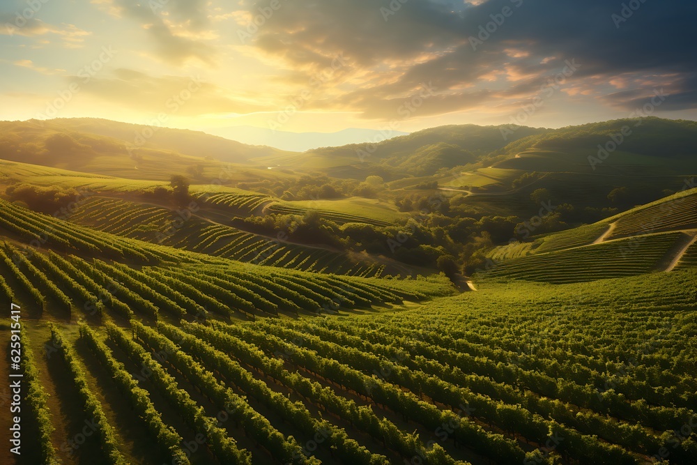 A stunning aerial view of a sun-kissed vineyard, with rows of lush grapevines stretching as far as the eye can see.
