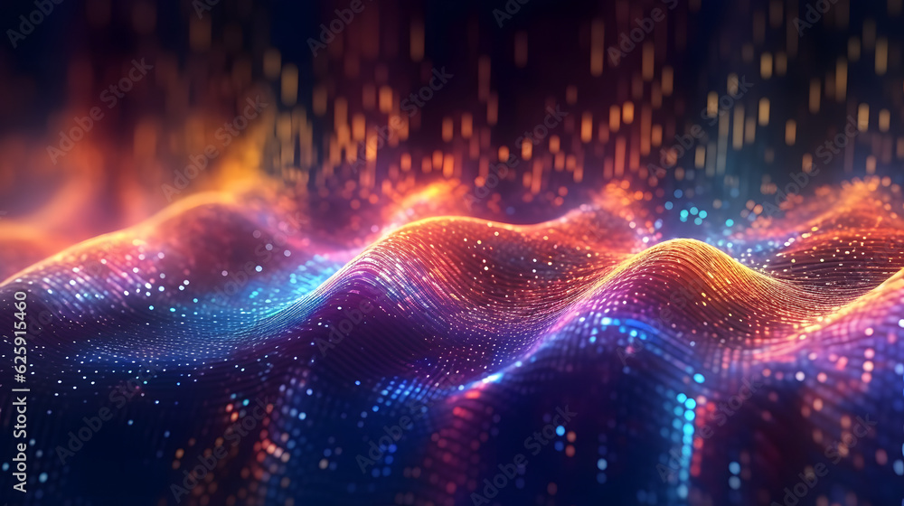 Fototapeta premium Abstract digital data background. Golden and neon color. Wave with moving dots. Musical stream of sounds. 3D rendering technology. Generative Ai