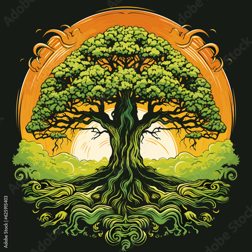 Majestic Whimsical Tree with a Psychedelic Sun