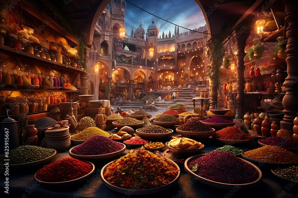 A mesmerizing shot of a colorful market bazaar, brimming with exotic spices, textiles, and a symphony of aromas.