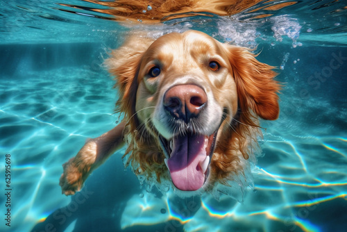 dog fun pool vacation snorkeling puppy underwater swimming funny water. Generative AI. © VICHIZH
