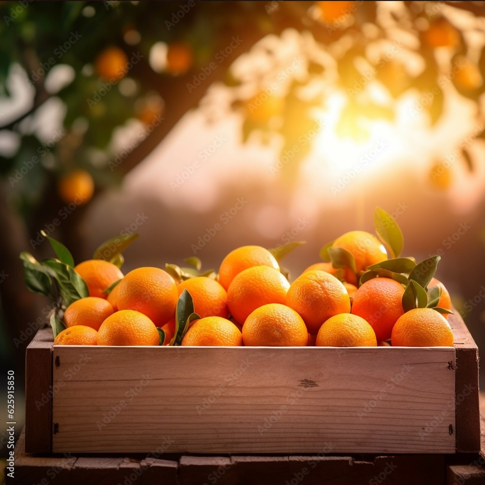 Ripe tangerines in a wooden box on the background of the sunset