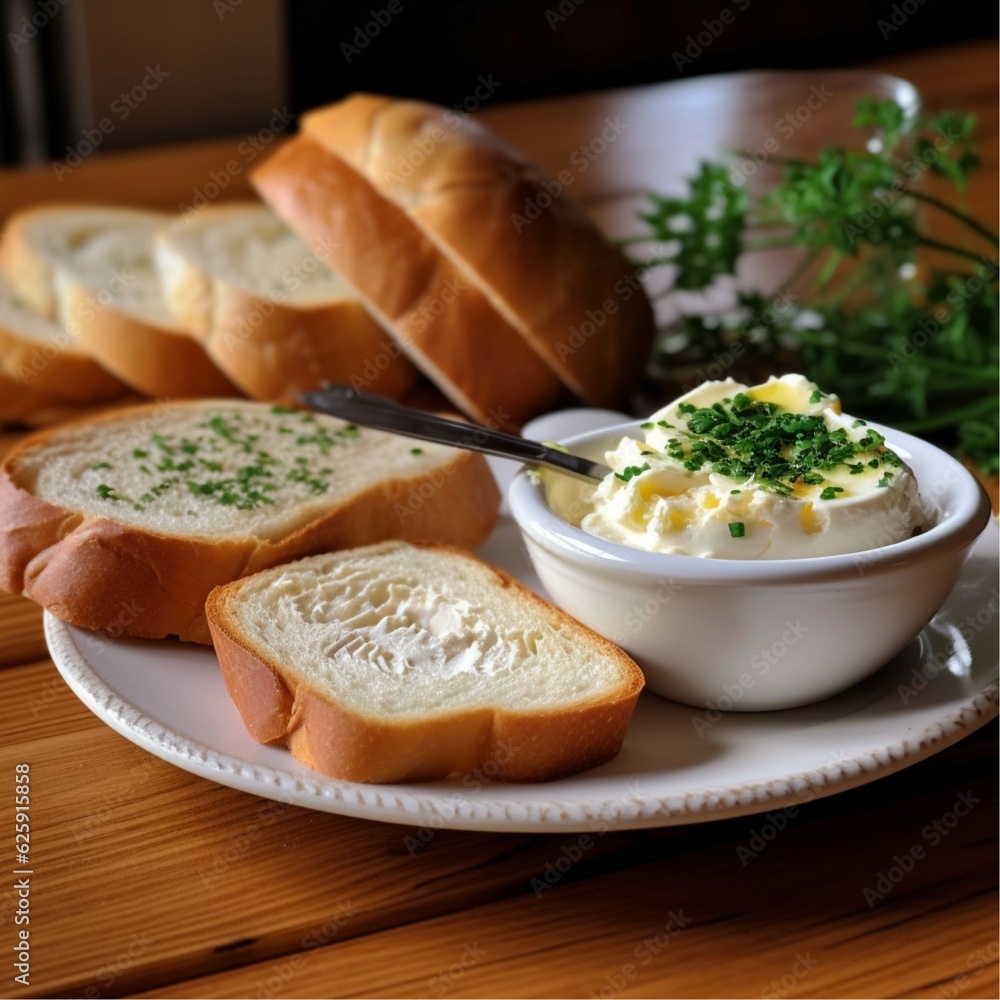 Slices of bread with butter and parsley on a plate