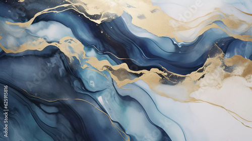 Luxury wallpaper. Blue marble and gold abstract background texture, Watercolor abstract background, 3D painted artificial marbled surface, Generated AI.