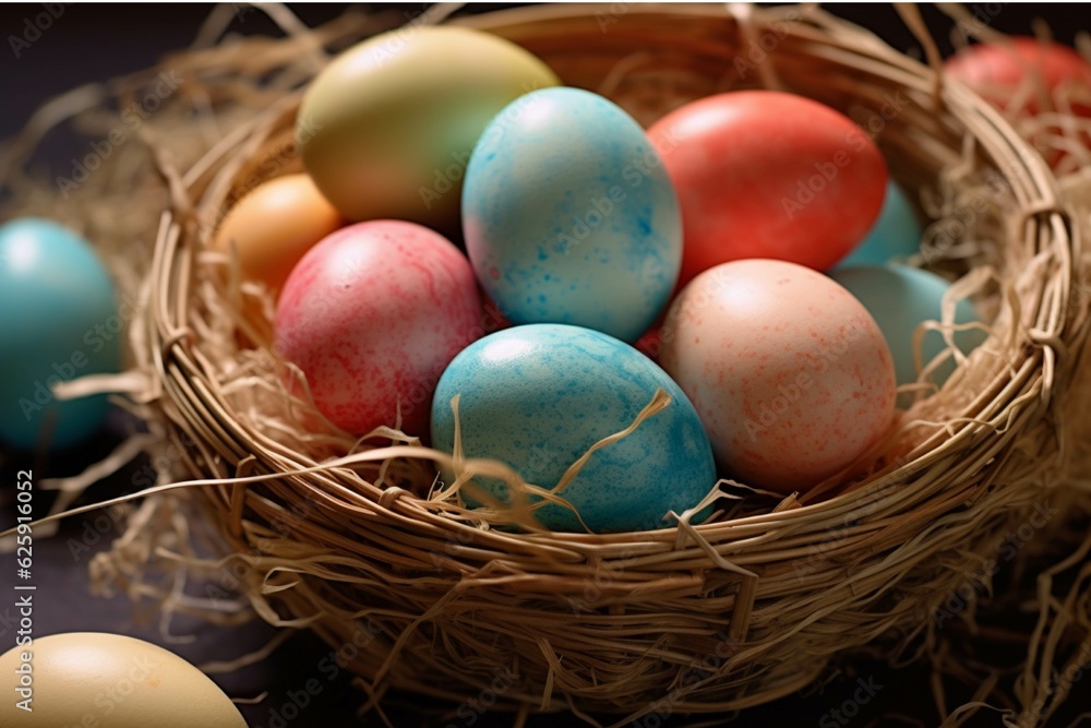 Easter eggs in a basket on a wooden table with red napkin Easter eggs in a basket on a wooden table with red napkin