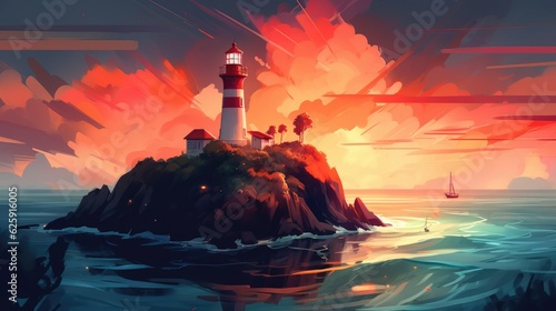 Lighthouse at sunset on the coast. Generative AI