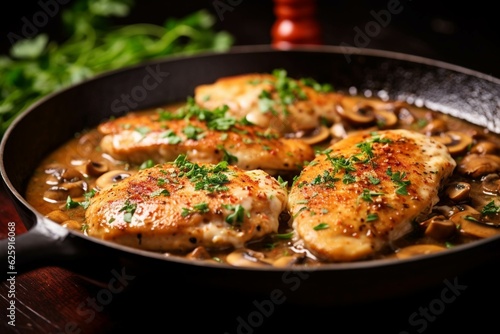Chicken fillet with mushrooms in creamy sauce on a black background.