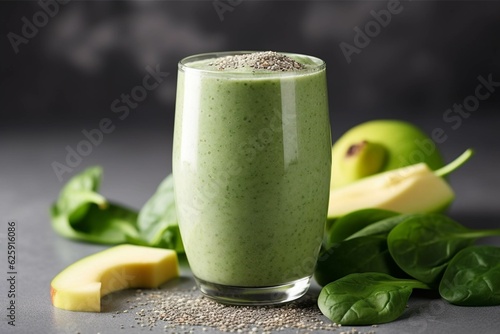 Glass of green smoothie with chia seeds, avocado and spinach on grey background