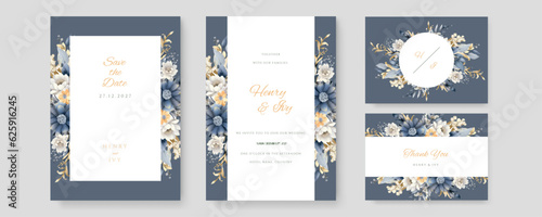 Floral wedding invitation template set with flowers and leaves decoration. Foliage card design concept