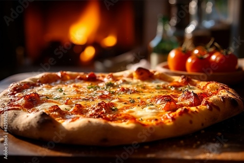 Pizza in front of the fireplace, close-up, vertical