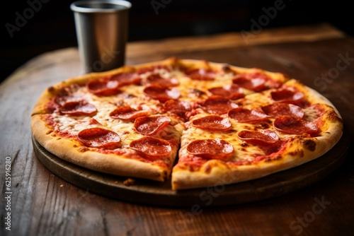 Pepperoni pizza with mozzarella cheese, tomatoes and basil on black background