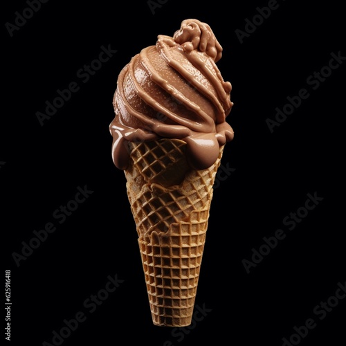 Chocolate ice cream in waffle cone on rustic wooden background