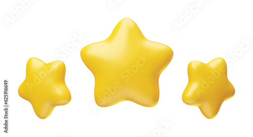Three rotating golden glossy stars 3d realistic rendering. Metallic yellow stars. Leadership, game award, customer feedback symbol vector illustration isolated on white background