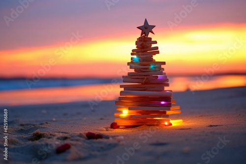 Whimsical Christmas Tree Sculpture Made of Books on a Beach  Generative AI