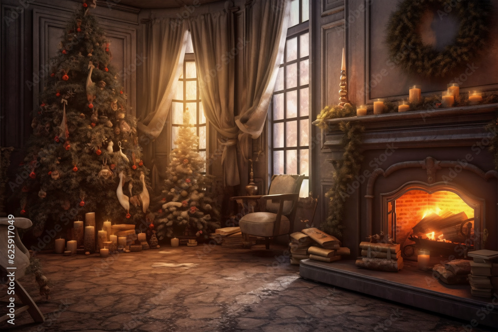 Cozy living room with a festive fireplace, Christmas tree, and chair, generative AI