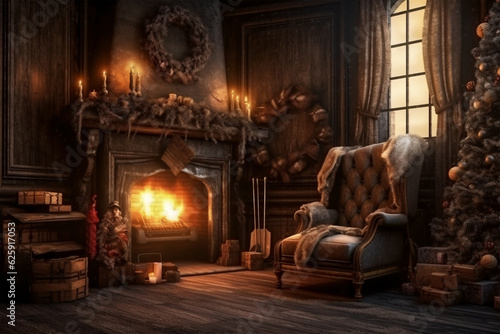 Cozy Living Room with Fireplace, Chair, and Christmas Tree, Generative AI