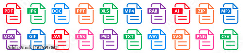 File formats big icon collection. File format of document icons set. PDF, JPG, DOC, PPT, XLS, MP4, RAR, AI, ZIP, MP3, MPV, GSF and others - stock vector.