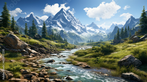 Beautiful mountain landscape with a small river in it. Generative AI © senadesign