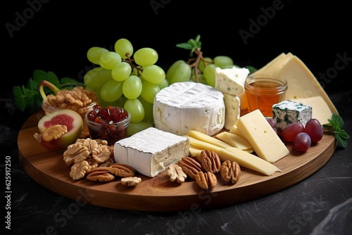 Cheese platter with grapes, nuts and honey on dark background