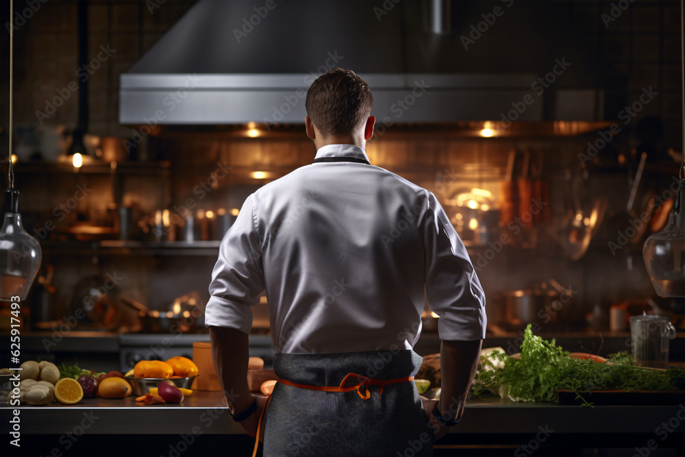 Man surrounded by abundant food in a kitchen, generative AI Man surrounded by abundant food in a kitchen, generative AI