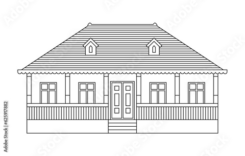 Peasant house simple contour sketch. Traditional farmhouse with wooden roof vector illustration.