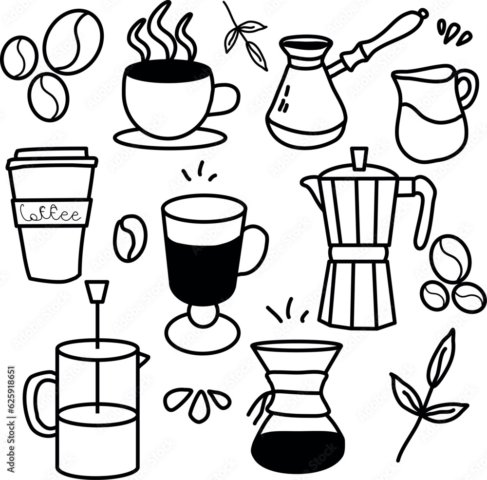Vector set of different coffee shop. Set of illustrations about coffee. Cup, decanter, jar of beans, pot for brewing coffee, Turk, paper cup, hand, coffee grinder, bag of beans, paper packaging. Vector set of different coffee shop. Set of illustrations about coffee. Cup, decanter, jar of beans, pot for brewing coffee, Turk, paper cup, hand, coffee grinder, bag of beans, paper packaging.