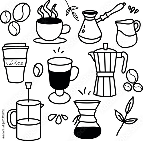 Vector set of different coffee shop. Set of illustrations about coffee. Cup, decanter, jar of beans, pot for brewing coffee, Turk, paper cup, hand, coffee grinder, bag of beans, paper packaging.