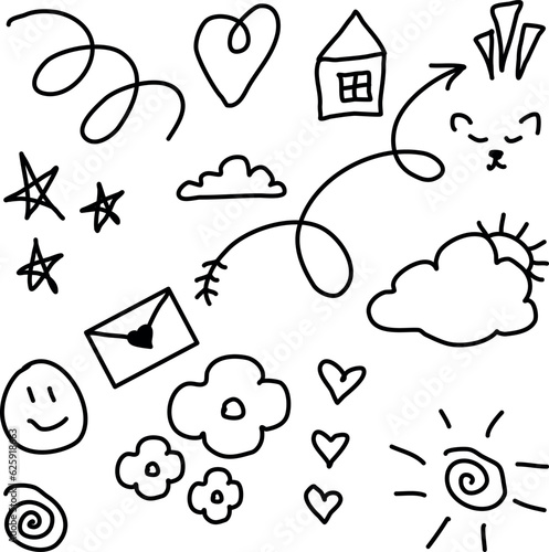 Hearts and arrows in doodle style vector. Abstract arrows, ribbons and other handmade style elements for concept design. Doodle Illustration. Vector template for decoration.