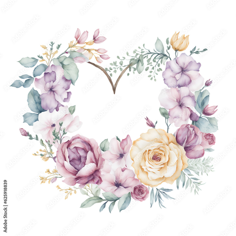 Watercolor Leaf and Roses round frame. natural wreath for invitation cards, save the date, wedding card design
