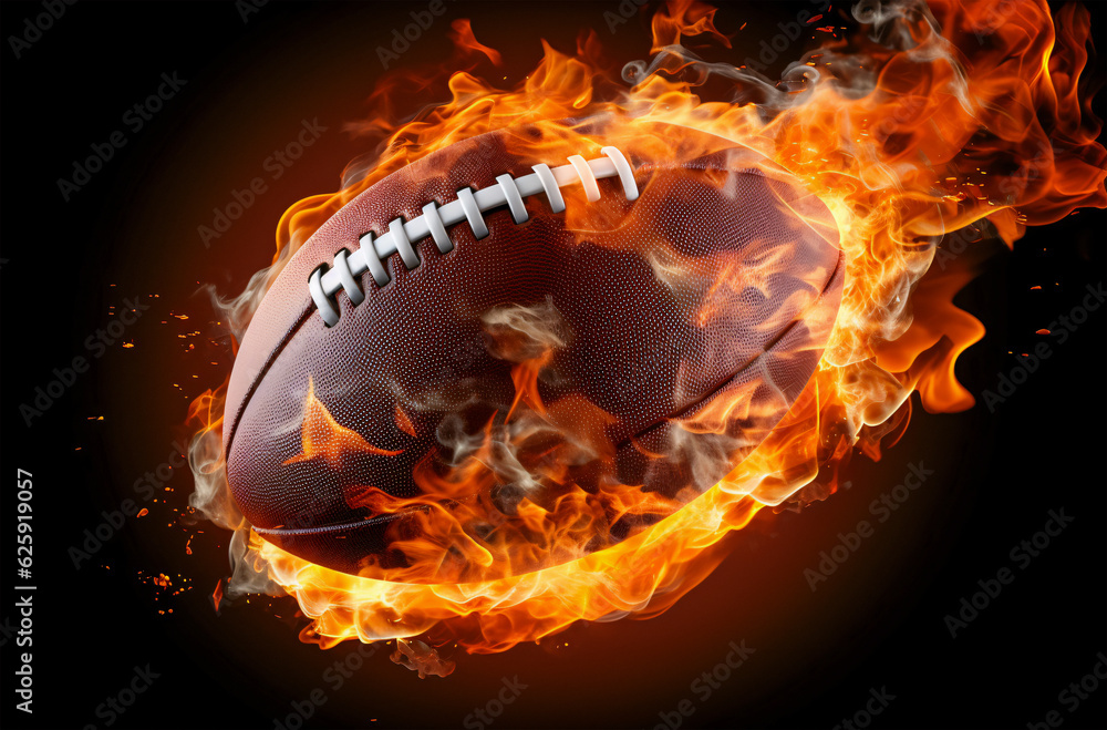 Naklejka premium Fiery Football: A Captivating Close-Up of a Burning Ball on Black Background, Generated by AI