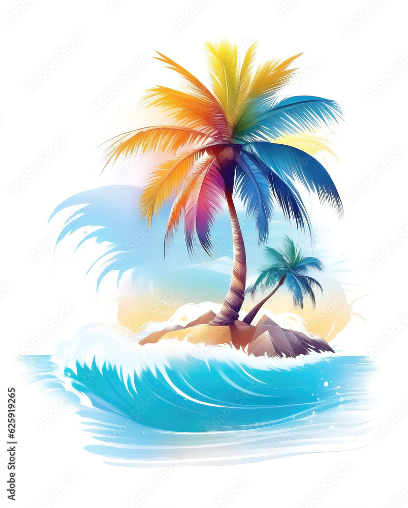 Palm tree on a tropical island with beach and sea waves, flat sticker illustration isolated on white.