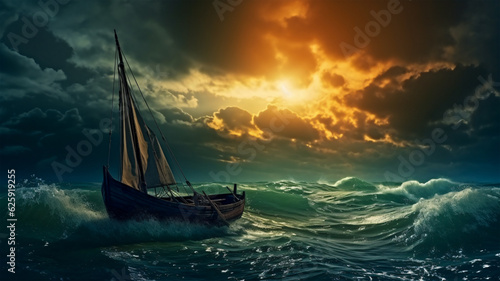 Arafed Sailboat Battling the Stormy Ocean with a Dramatic Sky, Generative AI