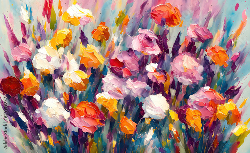 Flowers background with multicolored bouquet of summer flowers oil painting. Generative Ai. © Cobalt