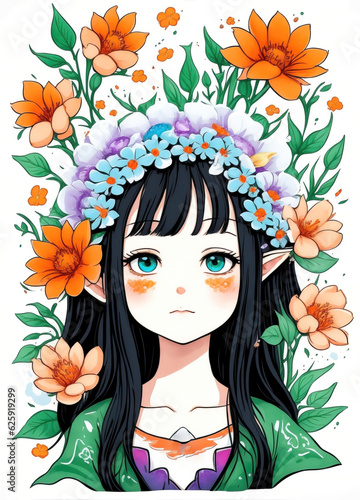 Girl with flowers on her head, anime-style girl theme image.