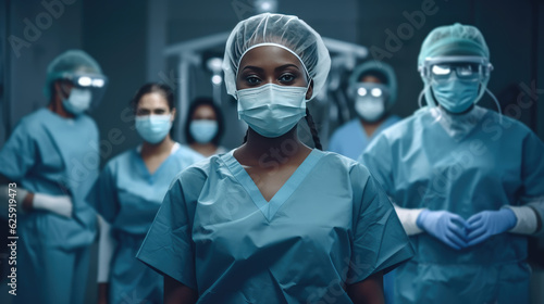 Surgeon team in surgical operating room  talented surgeons wearing medical masks successfully performed complex surgery on patient  group portrait of black physicians in medical coat  generative AI
