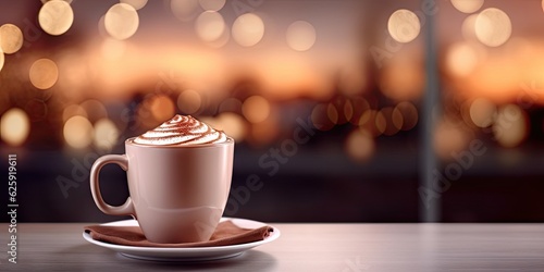 Close up of hot drink with chocolate on wooden table with copy space