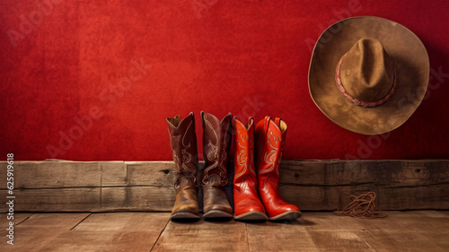 Stylish Cowboy Boots and Hat Aligned on Vibrant Red Wall, Generative AI