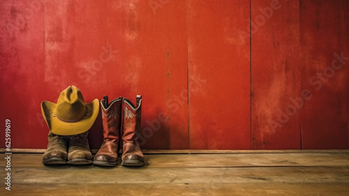 Western-themed cowboy boots and hat displayed against vibrant red wall, generative AI