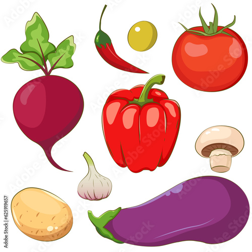 Vegetables icons set in cartoon style. Fresh organic food for menu. Vector illustration EPS10.