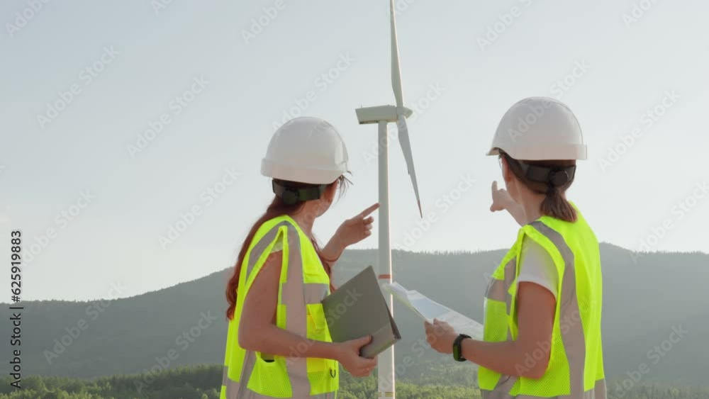 The female engineering team confirms the importance of wind energy as an environmentally friendly source. Women in helmets, glasses and light-knocking signal jelly hold documents in their hands The female engineering team confirms the importance of wind energy as an environmentally friendly source. Women in helmets, glasses and light-knocking signal jelly hold documents in their hands